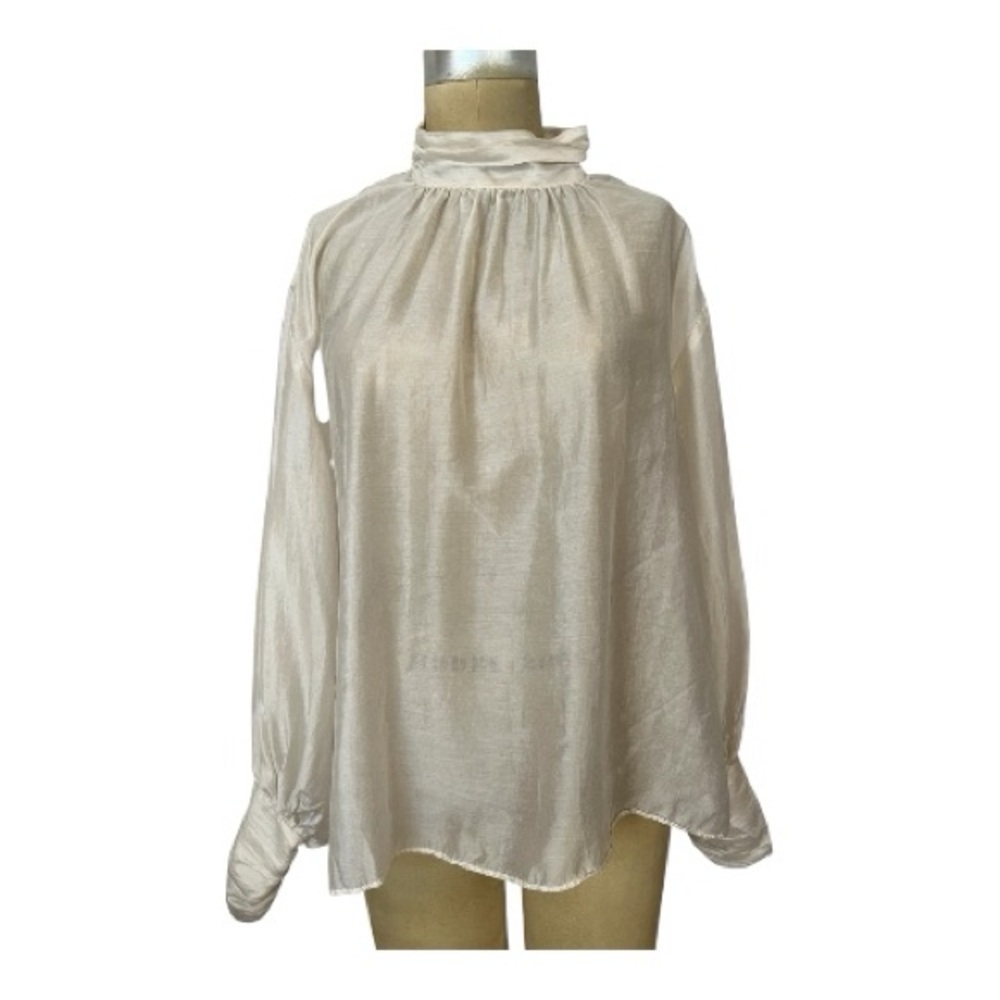 H & M Sheer cream Sheer Women’s hi Shirred Neck Balloon Sleeve  Blouse